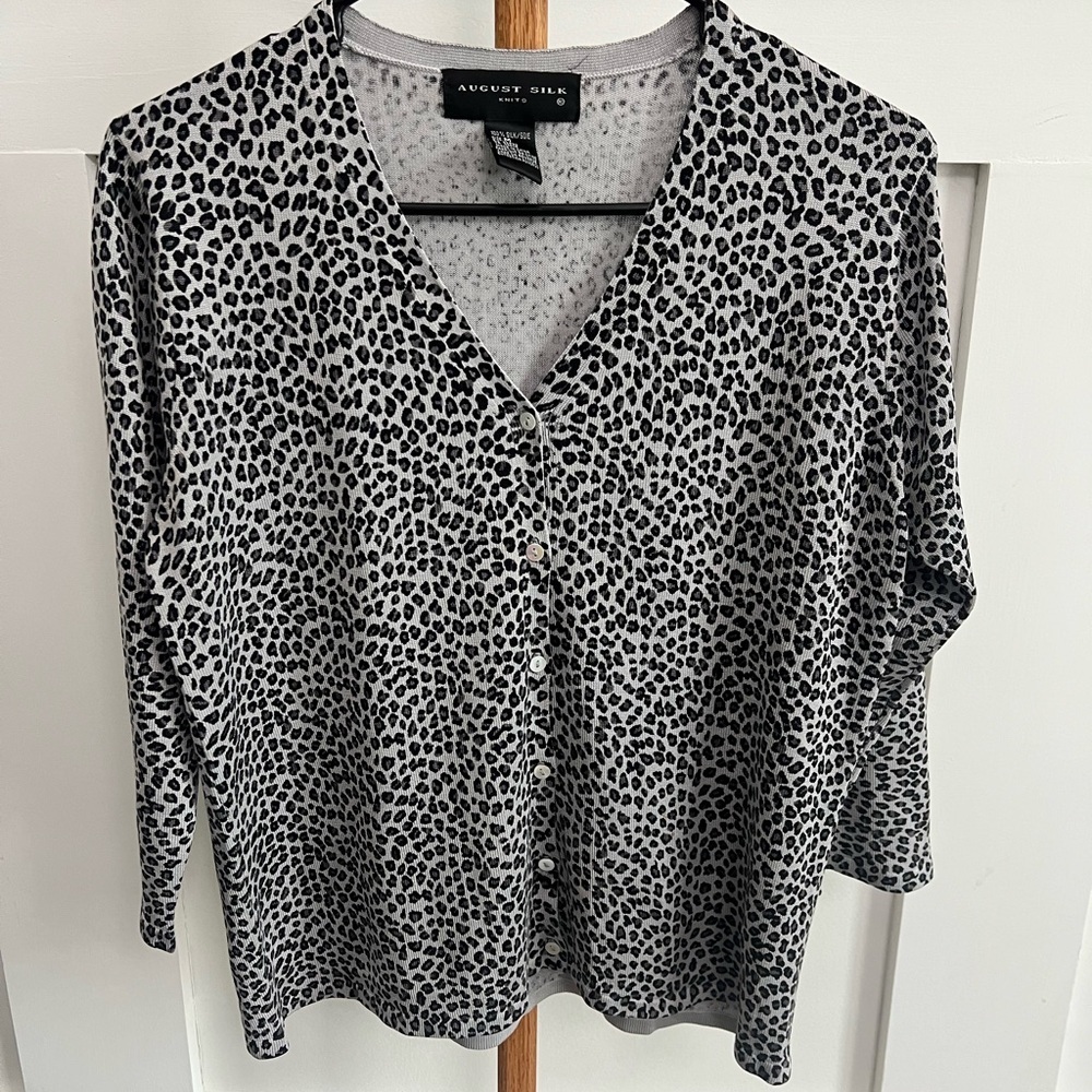 August Silk Women's Leopard Print Blouse in Black and Gray 100% Silk sz Medium